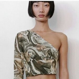 Zara Mesh swirl one shoulder long sleeve corset top